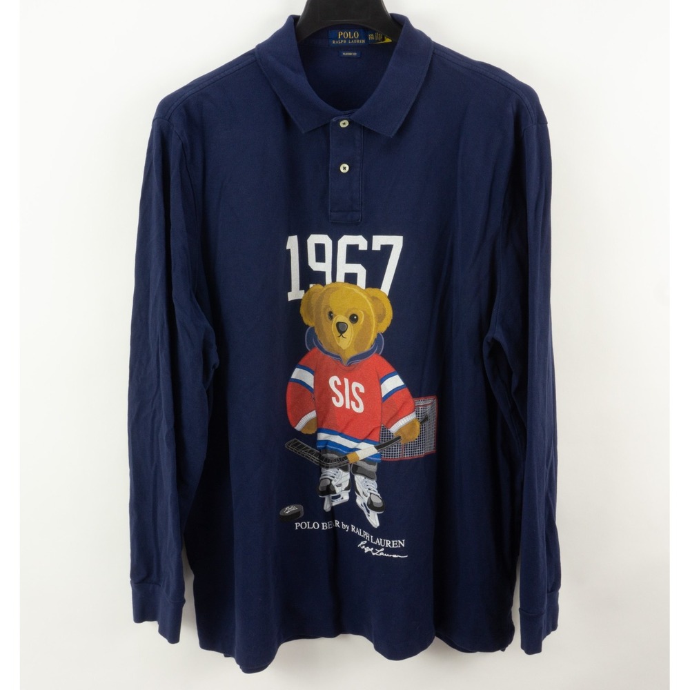 Vintage 90s Polo Bear Ralph Lauren King Custom Hockey Polo Shirt Men's 2XL Blue